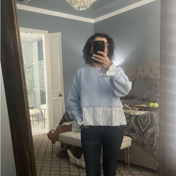 NWT! ANTHROPOLOGIE BLUE WEDGEWOOD MAEVE STRIPED TRIM TWOFER SWEATSHIRT- MEDIUM 💚 - Picture 5 of 7